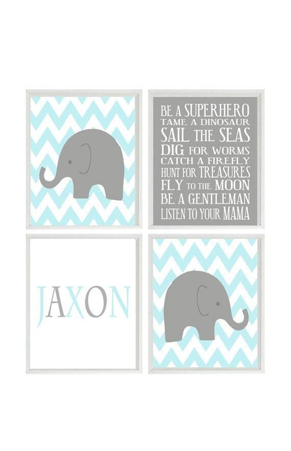 Baby Boy Nursery Wall Decor Lovely Baby Boy Nursery Art Elephant Chevron Gray Aqua Wall Art Name