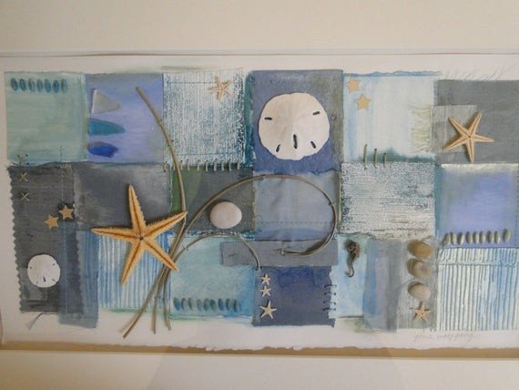 Items similar to Mixed Media Collage Beach Themed Wall Décor Original Aqua Sea Glass