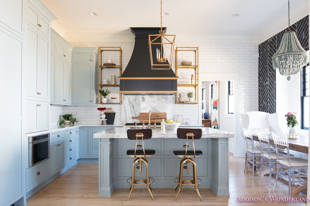 Black and Gold Kitchen Decor Fresh Kitchen White Marble Calcutta Gold Open Shelves Gold Black Vent Hood Blue Gray Cabinets Shaker