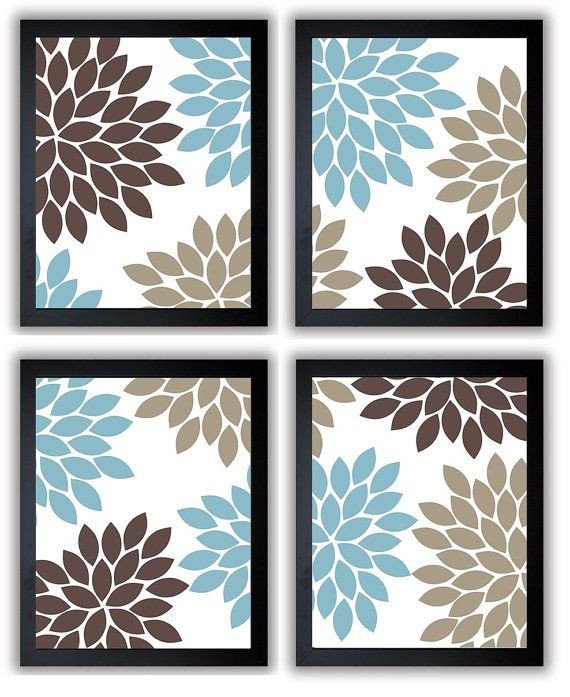 Blue and Brown Wall Decor Beautiful Flower Print Blue Brown Beige Chrysanthemum Flowers Set Of 4 Square Art Print Wall Decor Modern