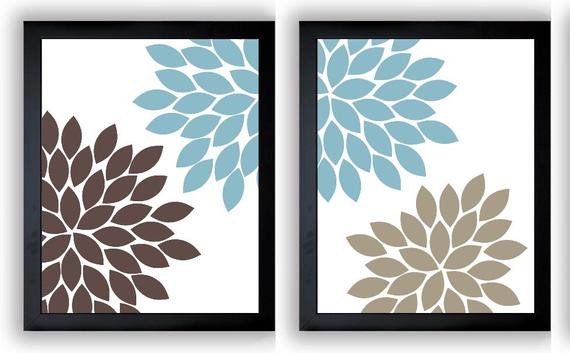 Blue and Brown Wall Decor Luxury Flower Print Blue Brown Beige Chrysanthemum Flowers Set Of 2