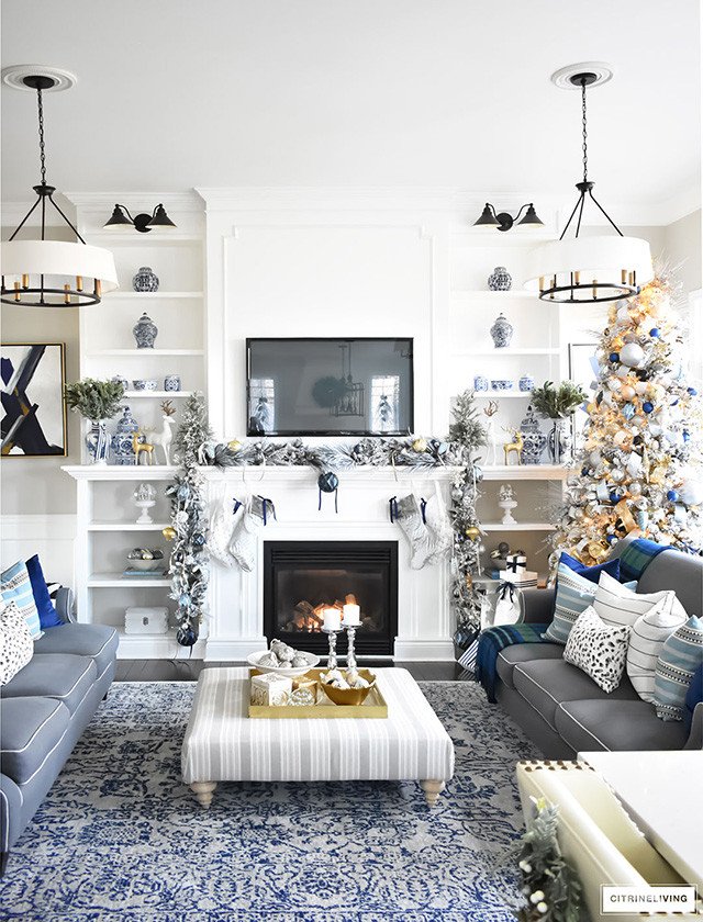 Blue and Gold Home Decor Beautiful Christmas Home tour Living Room with Blue White and Gold