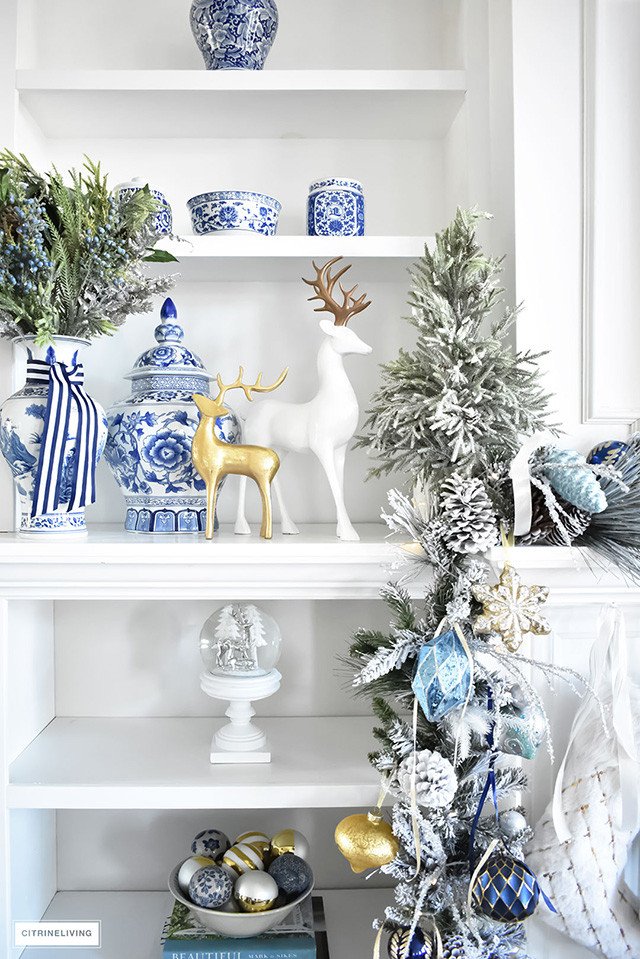 Blue and Gold Home Decor Inspirational Christmas Home tour Living Room with Blue White and Gold