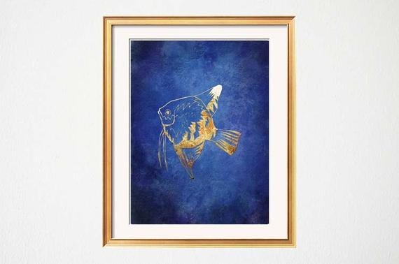 Blue and Gold Wall Decor Awesome Items Similar to Fish Wall Art Beach Bathroom Art Lake House Art Blue Gold Decor Chinoiserie