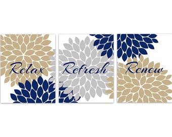 Blue and Gold Wall Decor Inspirational Bathroom Wall Art Relax Refresh Renew Rejuvenate Yellow