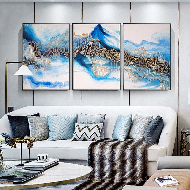 Blue and Gold Wall Decor Unique Aliexpress Buy 3 Pieces Acrylic Canvas Blue Gold Painting Abstract Thread Quadro Caudro