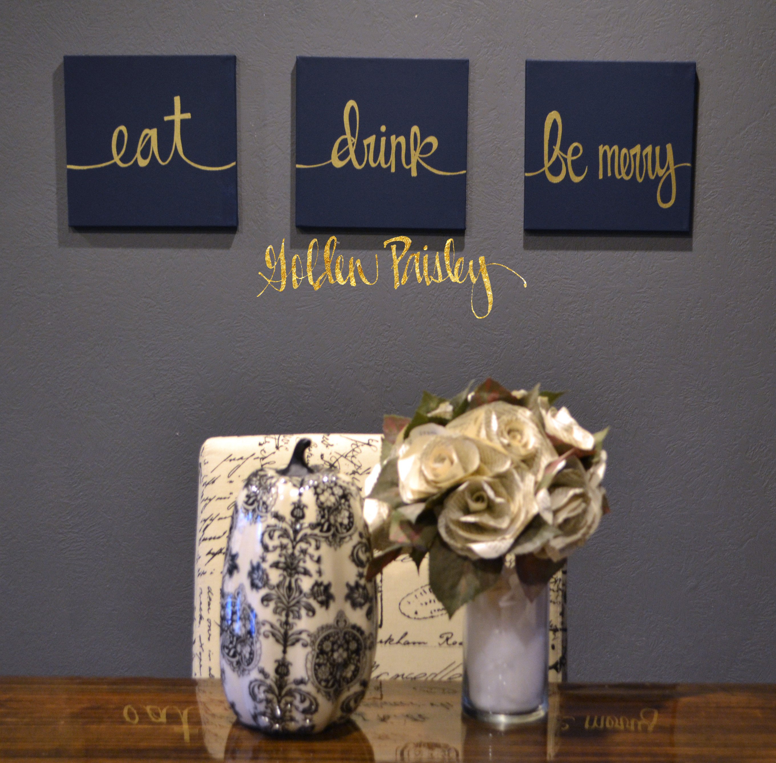 Blue and Gold Wall Decor Unique Eat Drink Be Merry Navy &amp; Gold 3 Piece Wall Decor Set