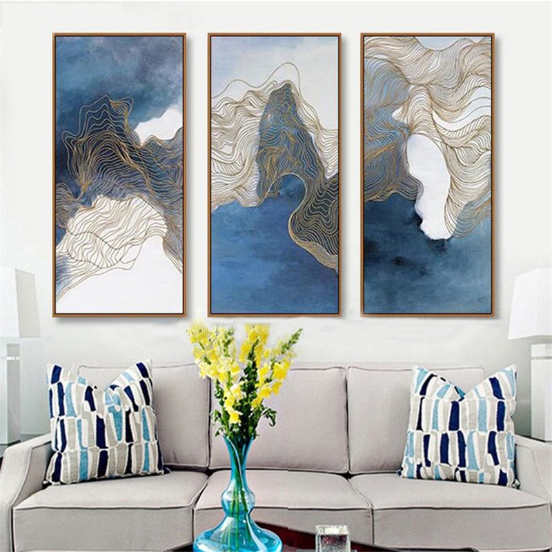 Blue and Gold Wall Decor Unique Simple nordic Mix Blue Color Wall Drawing Abstract Gold Lines Canvas Art Poster Creative Mural