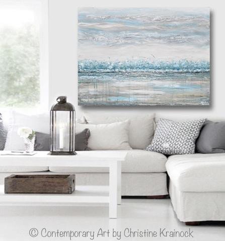 Blue and Grey Wall Decor Fresh original Art Abstract Painting Horizon Landscape Blue Grey Neutral Decor – Contemporary Art by