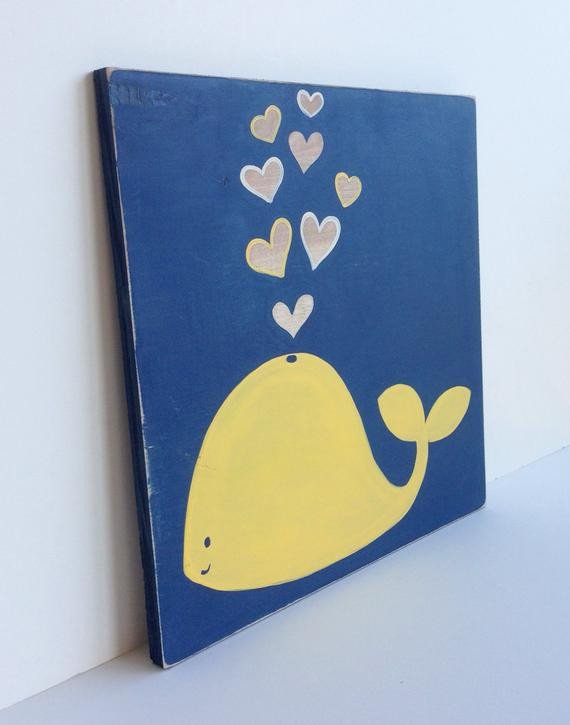 Blue and Yellow Wall Decor Fresh Hand Painted Navy Blue and Yellow Nautical Whale Wall Art