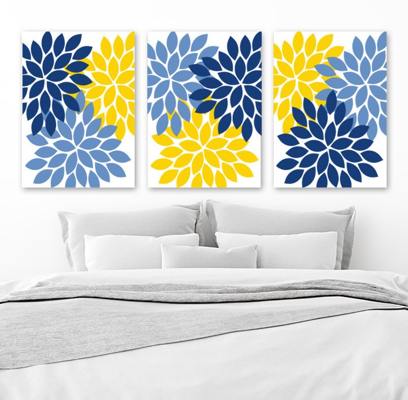 Blue and Yellow Wall Decor Inspirational Flower Wall Art Navy Blue Yellow Bedroom Canvas or Print