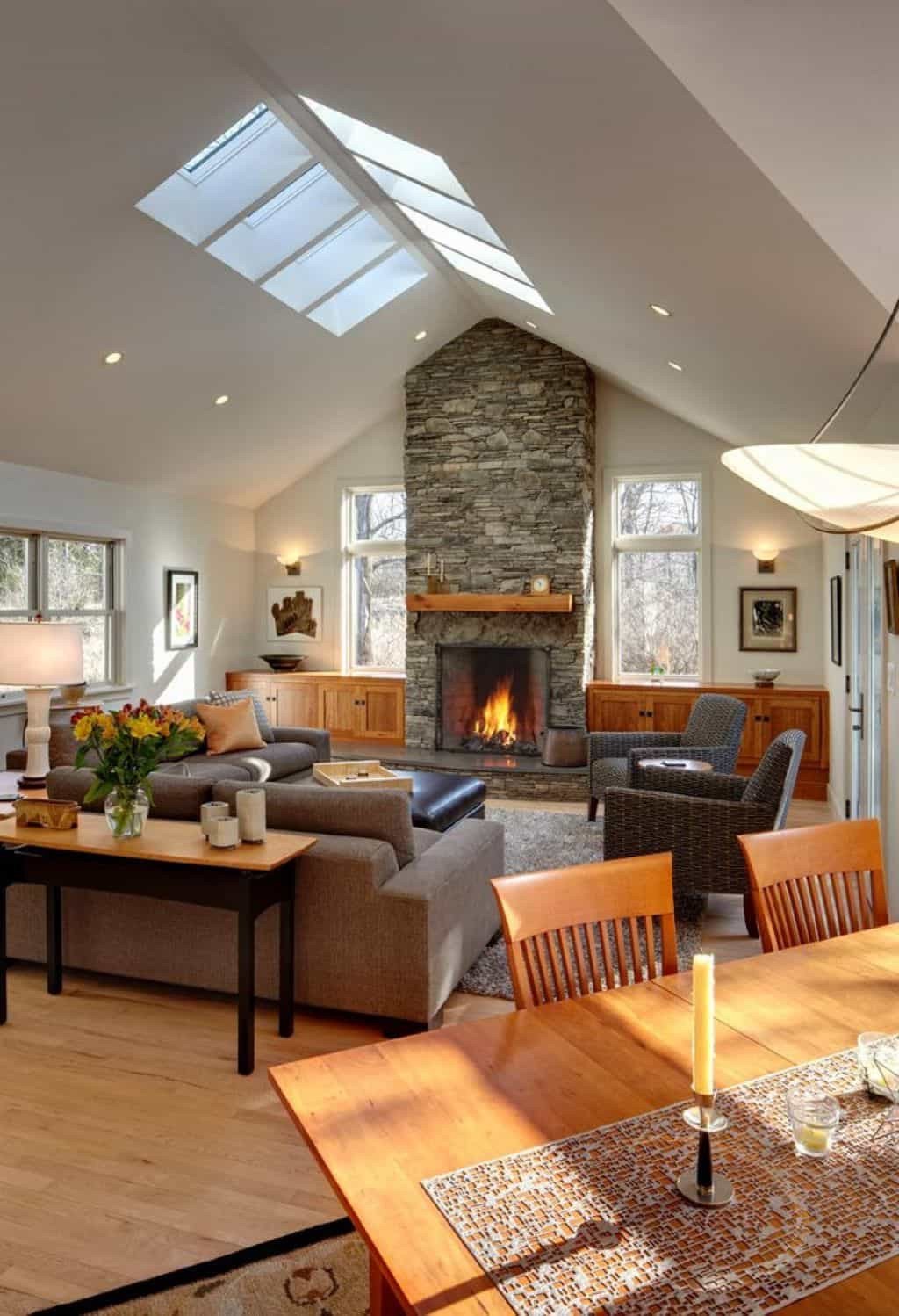 Comfortable Living Room Fireplace Best Of fortable Living Room Designed with Stone Fireplace and Skylights Also Recessed Lights