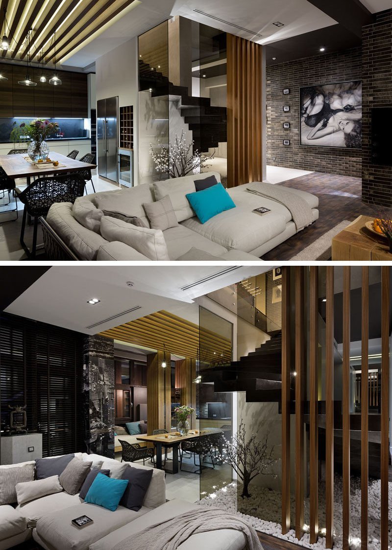 Contemporary Apartment Living Room Beautiful Materials Like Dark Brick Wood and Glass are Used In the Interior Design This Contemporary