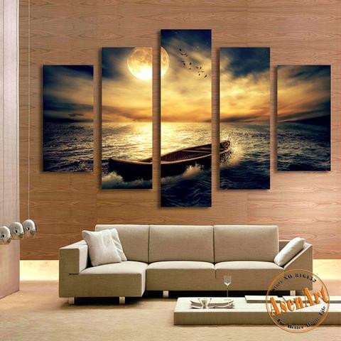 Decor for Living Room Wall Beautiful 5 Panel Sunset Seascape Painting Single Boat Picture for Living Room H – Ellaseal