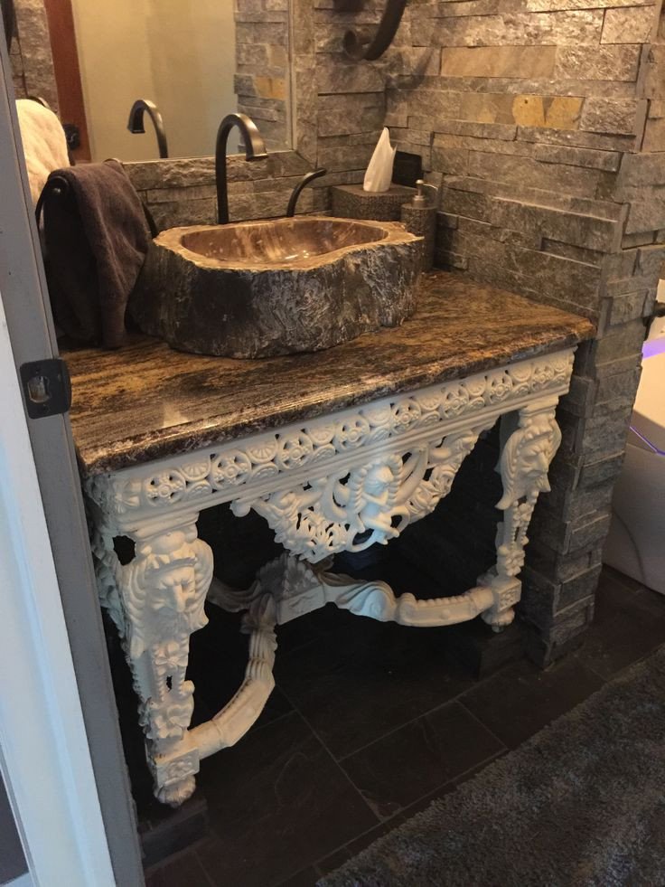 Floor and Decor Bathroom Vanities New Our Castle Old World Powder Room with Stone From Floor &amp; Decor Used to Frame Mirror and Walls In