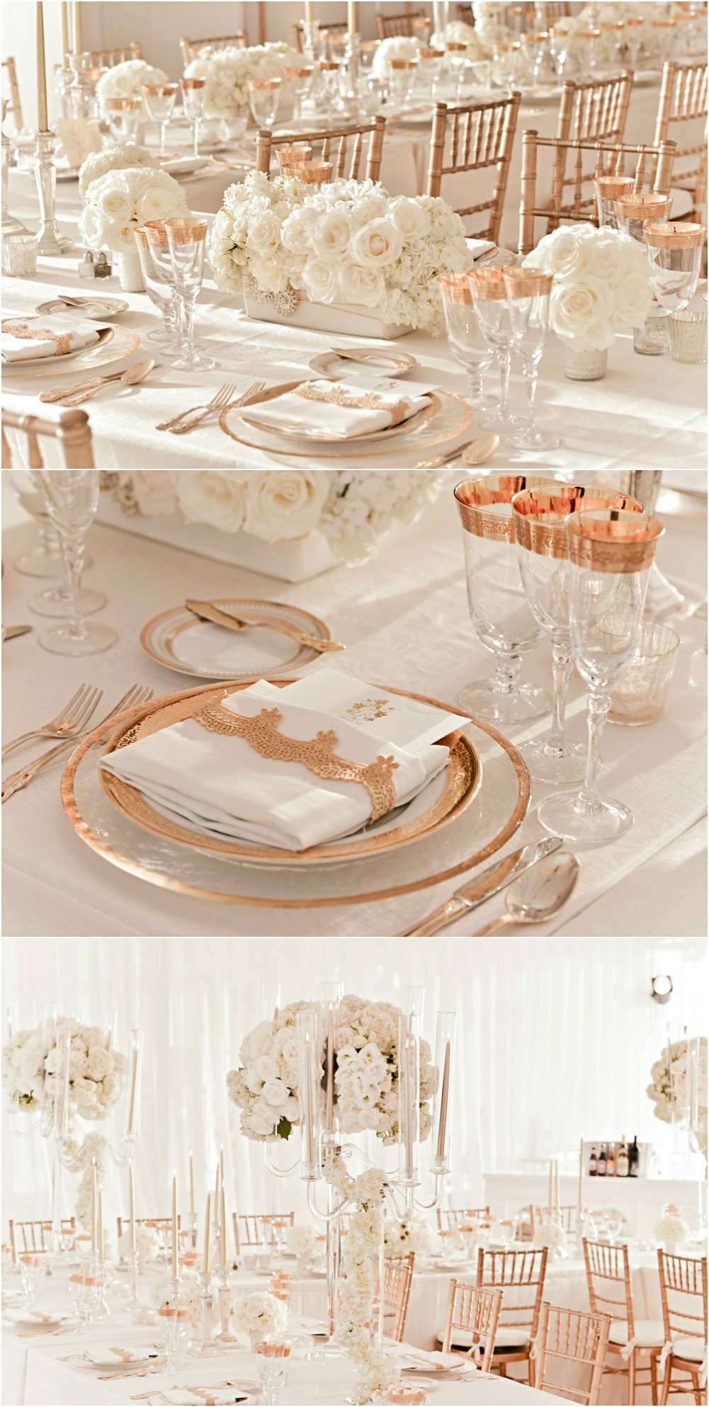 rose gold and ivory wedding reception decor