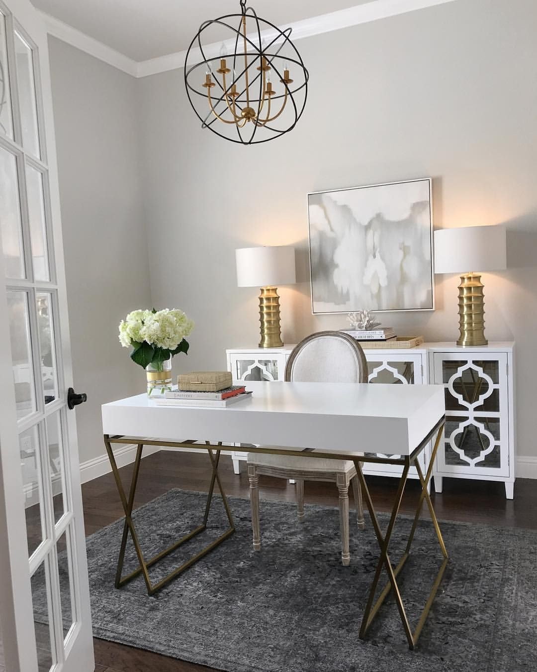 Gold and White Office Decor Beautiful Home Office Inspiration White and Gold Desk White Mirrored Sideboard Gold Table Lamps Gray