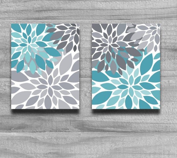 Gray and Turquoise Bathroom Decor Unique Turquoise Gray Flower Burst Print Set Home by Printsbychristine