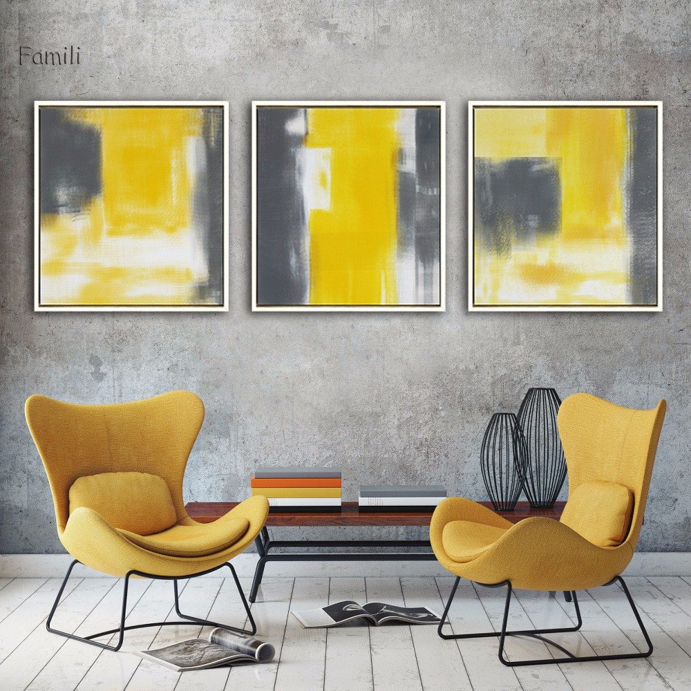 Grey and White Wall Decor Beautiful Modern Wall Abstract Paint Yellow Gray and White Canvas Painting Art Print Poster Picture Wall