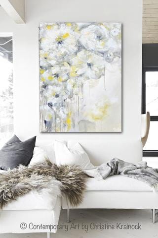 Grey and White Wall Decor Best Of original Art Yellow Grey Abstract Painting White Flowers Coastal Decor – Contemporary Art by