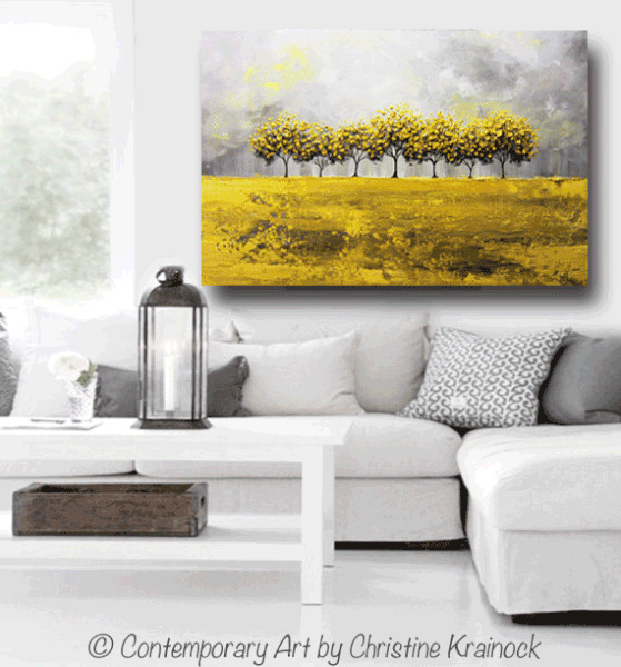 Grey and White Wall Decor Luxury Print Art Abstract Painting Yellow Grey Trees Wall Decor – Contemporary Art by Christine