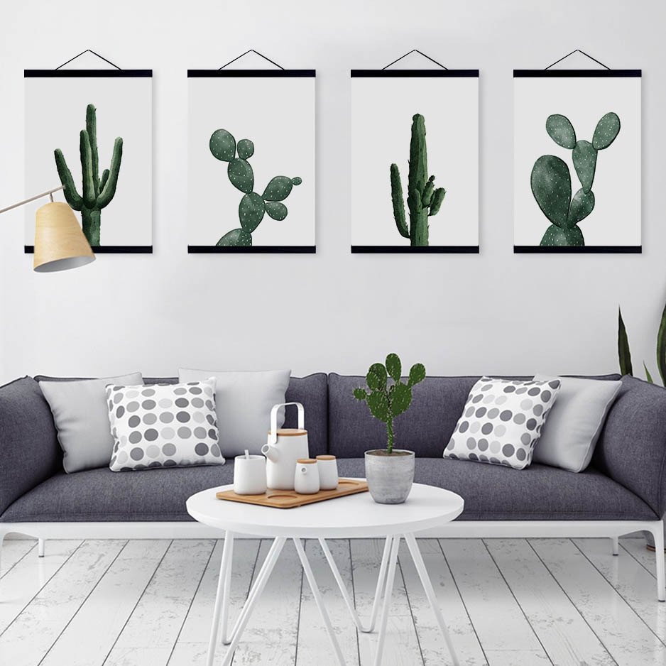 Nordic Modern Floral Watercolor Green Cactus Framed Canvas Painting Living Room Home Decor Wall