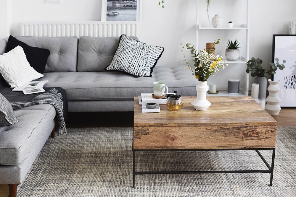 Industrial Contemporary Living Room Elegant Stylish Monochrome and Grey Living Room Inspiration with Greenery and Wood Accents