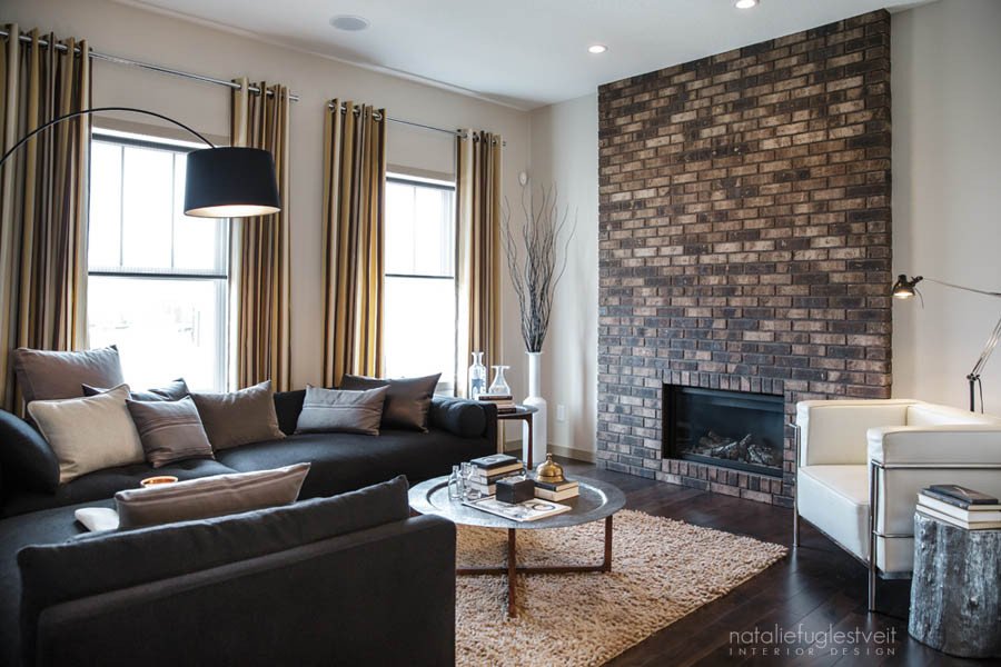 Stripes Brick & Metal Industrial Modern Living Room by Calgary Interior Designer Natalie