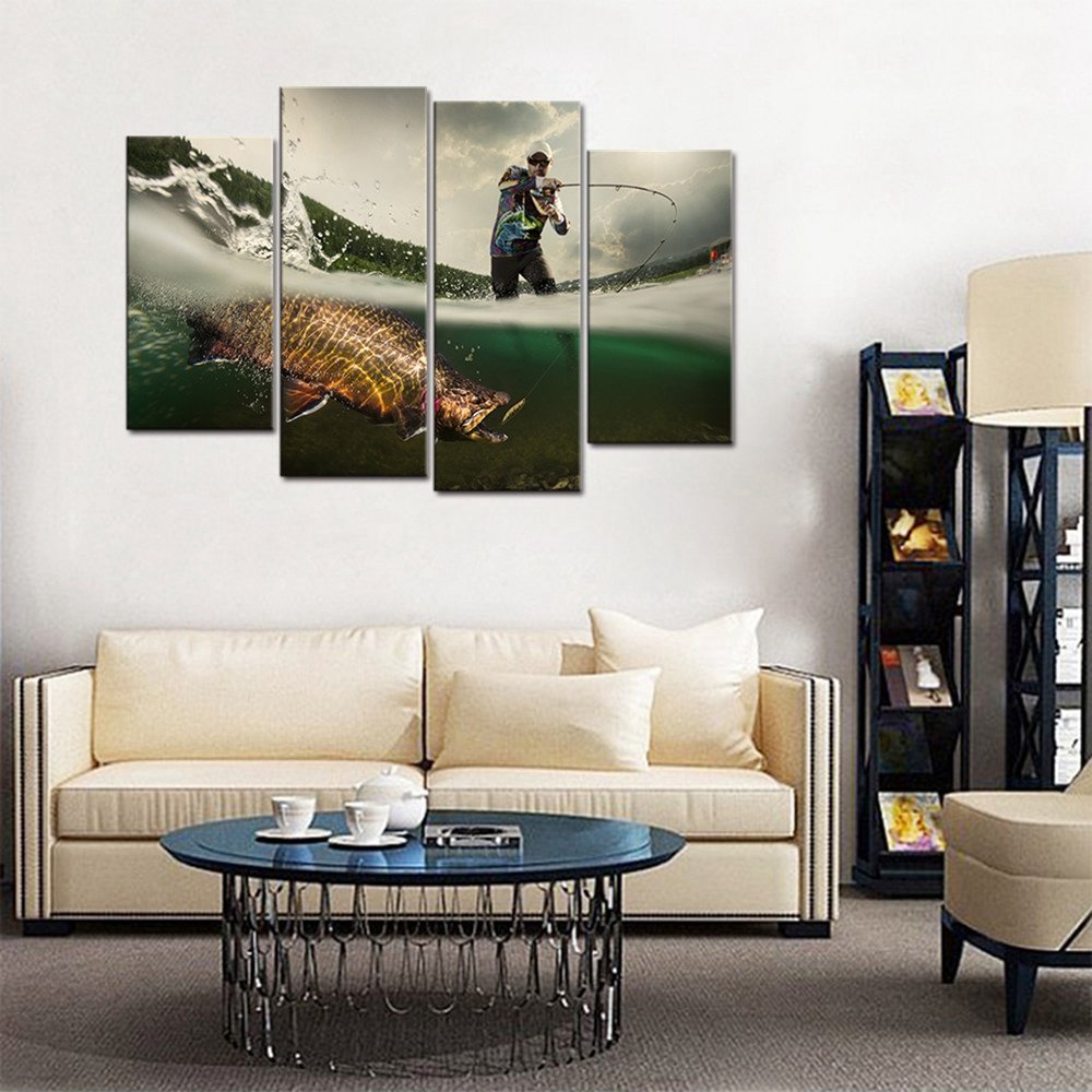 Mens Living Room Wall Decor Elegant Fishing Picture Big Fish Poster Wall Art for Living Room Canvas Prints Fishing Gifts for Men