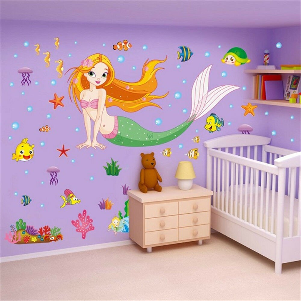 Mermaid Decor for Kids Room Elegant Mermaid Cartoon Removable Decals Wall Stickers Mural Art Home Kids Room Decor