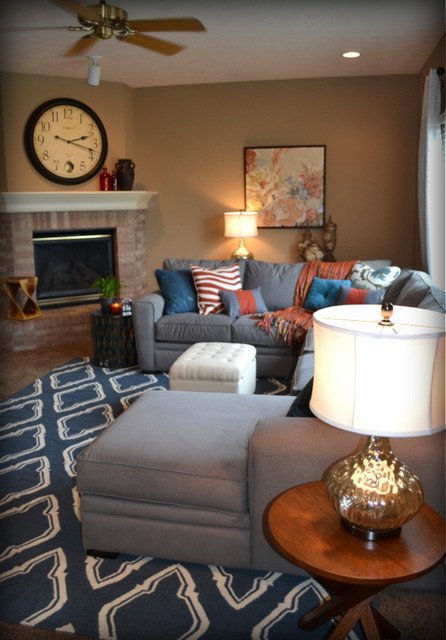 Orange Traditional Living Room Awesome Casual orange Blue and Gray Family Room Traditional Family Room Omaha by Fluff Interior