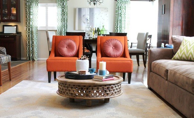 Orange Traditional Living Room Awesome orange Transitional Chairs and Rustic Coffee Table Traditional Living Room Los Angeles