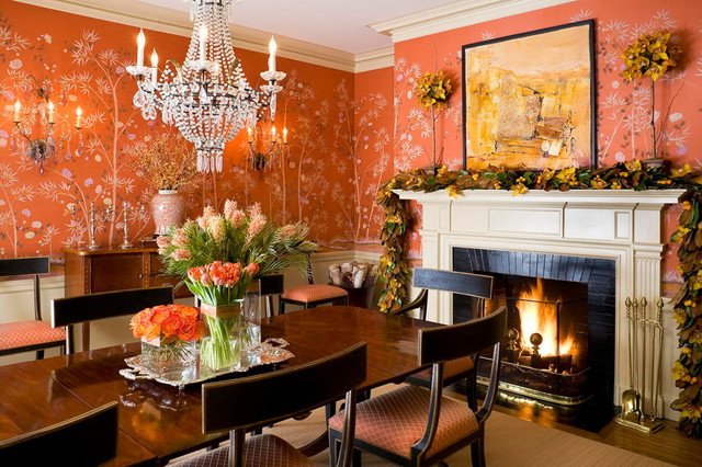 Orange Traditional Living Room New Hand Painted Wallpaper Traditional Dining Room Other Metro by Handpainted Wallpaper