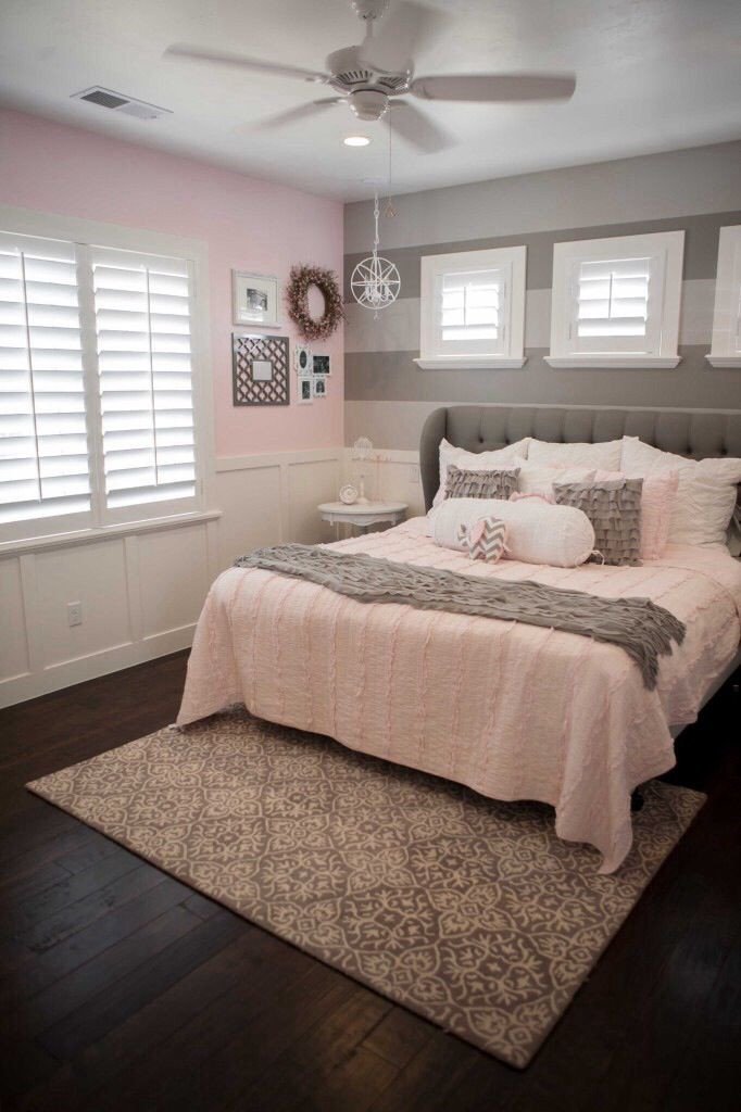 Pink and Gray Bedroom Decor New Pink and Grey Room Love the Wainscoting Two tone Grey Wall Bedding and Flooring Would Change