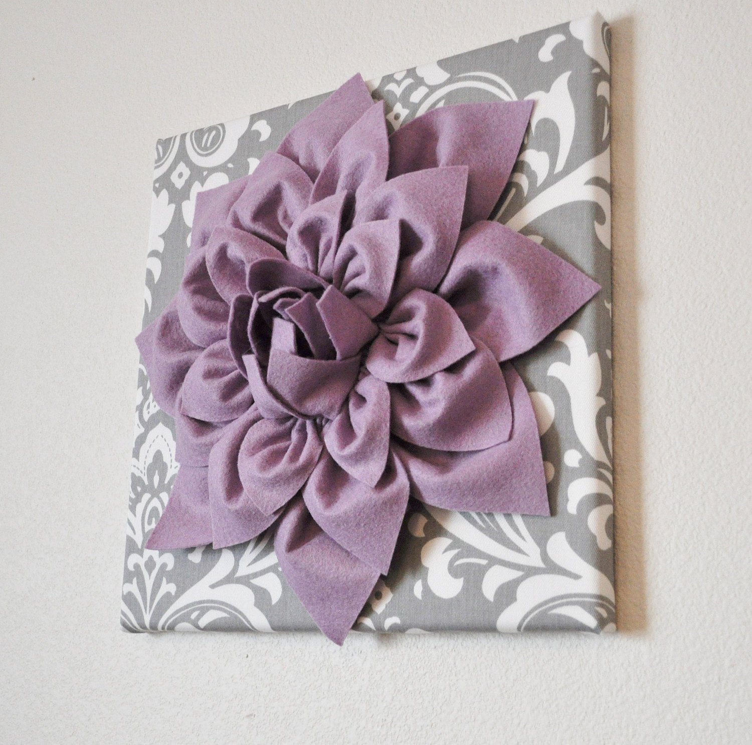 Wall Art Lilac Purple Dahlia on Gray and White Damask 12