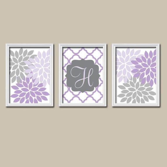 Purple and Gray Wall Decor Unique Purple Lilac Gray Nursery Wall Art Canvas or Prints Custom Monogram Flower Letter Initial Set