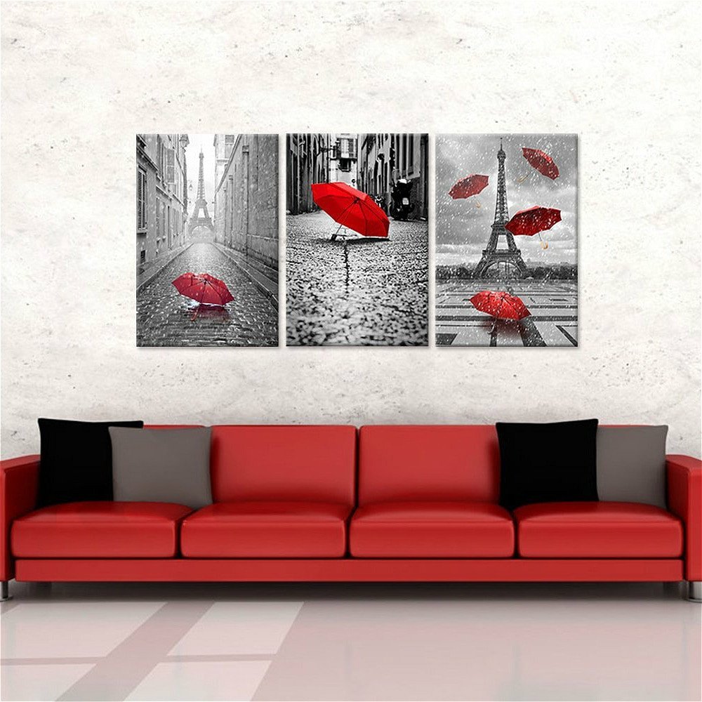 Red and Black Home Decor Awesome 3 Panels Canvas Prints Wall Art Home Decor Paris Black and White tower Red Umbrella Flying