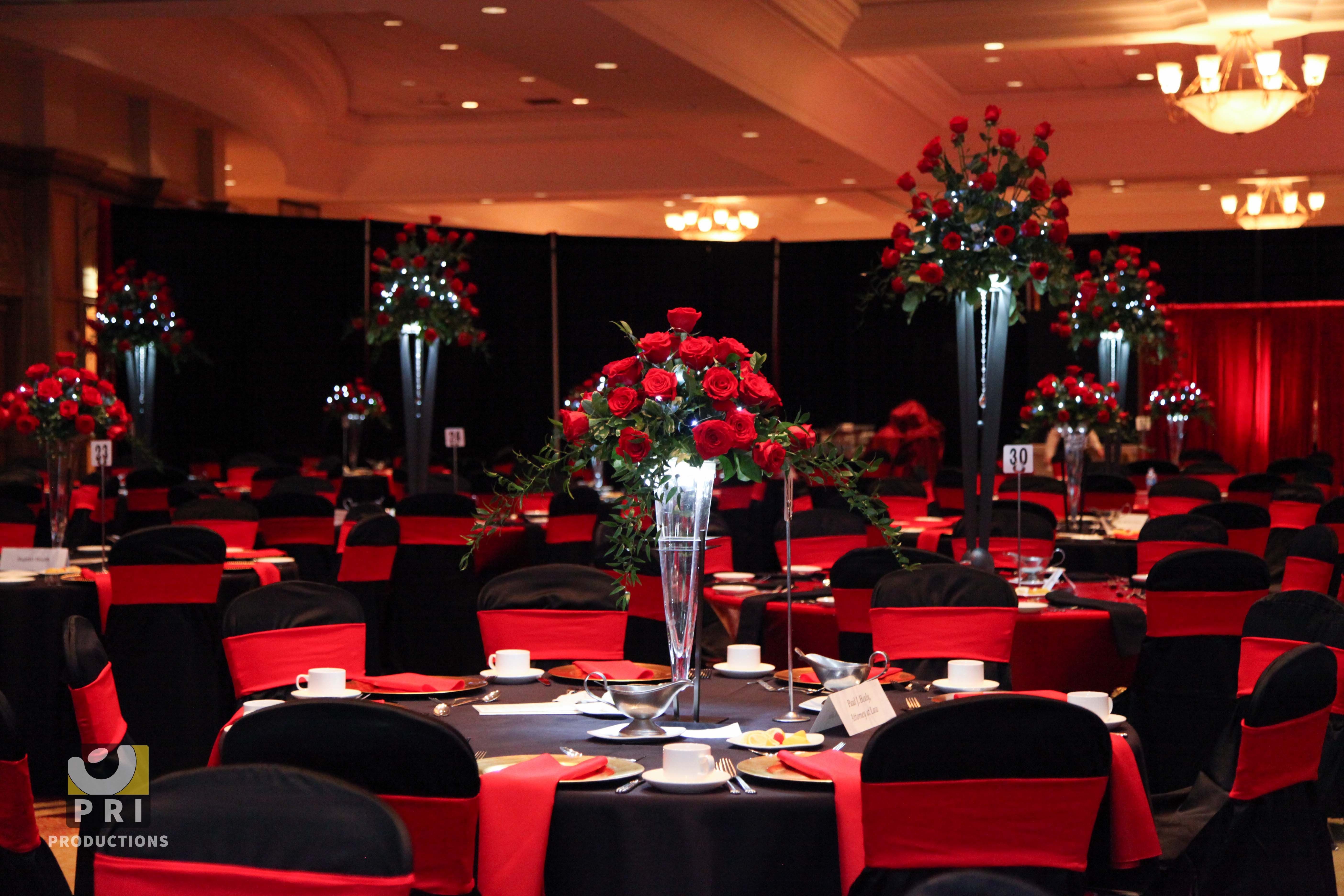 Red and Black Table Decor Fresh Black Tie event with Tall Red Rose Centerpieces Black and Red Linens