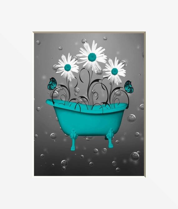 Teal Gray Wall Teal Bathroom Decor Teal Daisy