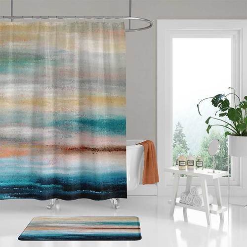 Teal and Gray Bathroom Decor New Abstract Shower Curtain and Bath Rug Coastal Decor Teal Gray