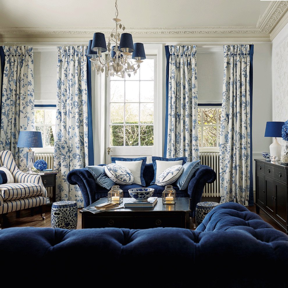 Traditional Blue Living Room Beautiful Chesterfield Living Room Traditional with Blue Floral Curtains Chesterfields Azules