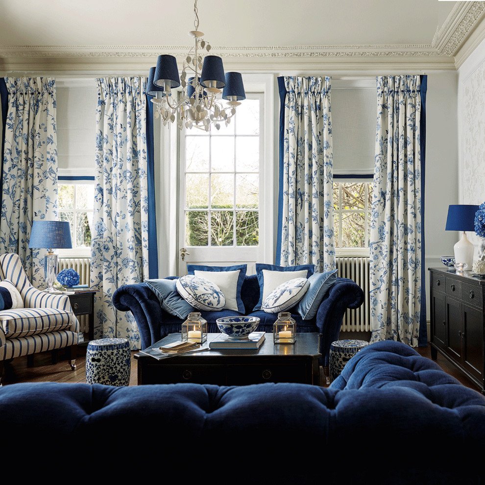 Chesterfield living room traditional with blue floral curtains chesterfields azules