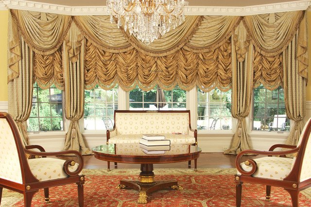 Traditional Draperies Living Room Awesome Custom and Luxury Drapery for Bay Window Traditional Living Room Chicago by Custom