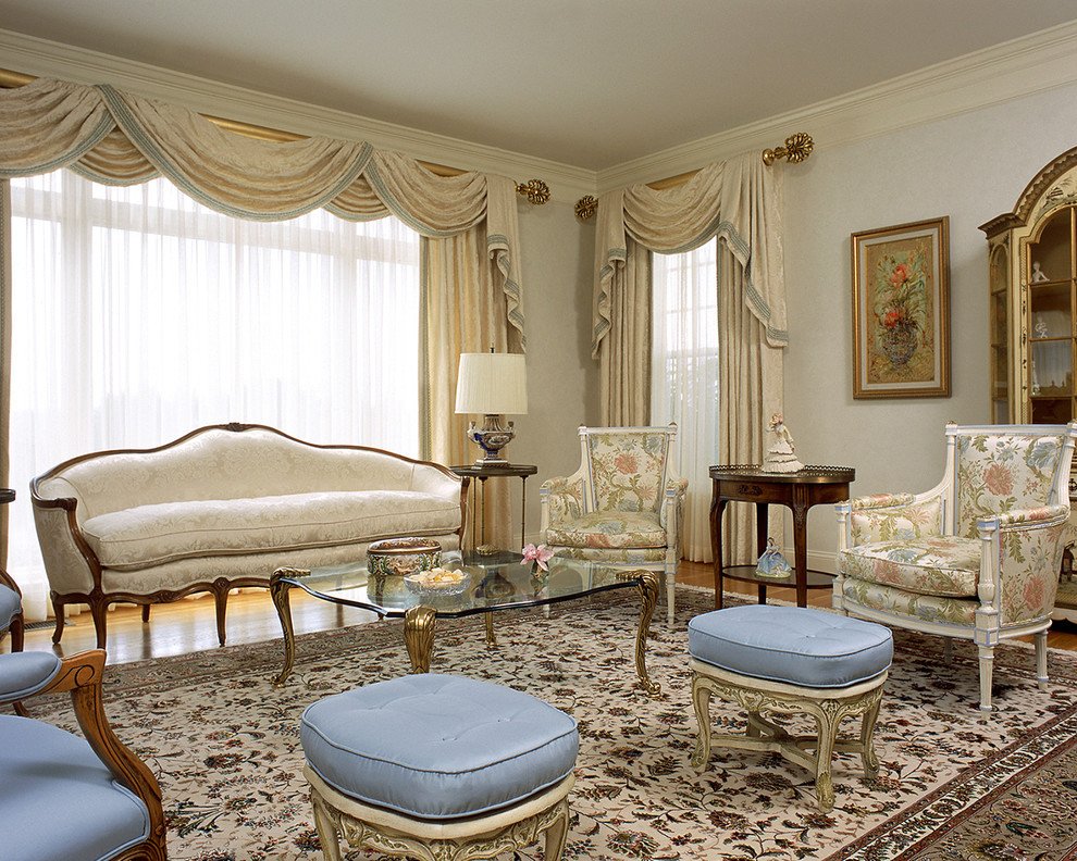 Sumptuous curtain valances in Living Room Traditional with French Living Room next to Bergere