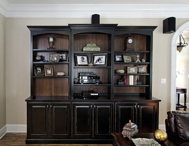 Traditional Living Room Bookcases Lovely Black Painted Bookcase with Beadboard Interior Traditional Living Room by Kirkland Custom