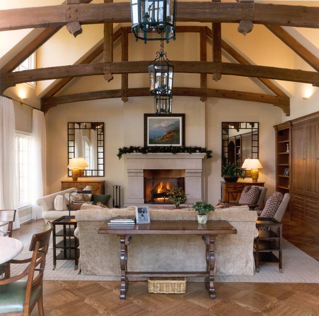 Living Room w Wood Beam Ceiling Traditional Living Room Other by Benvenuti and Stein