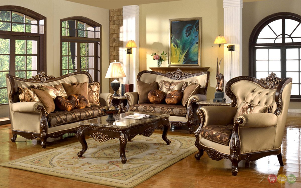 Antique Style Traditional Wing Back Formal Living Room Furniture Set Tan Brown