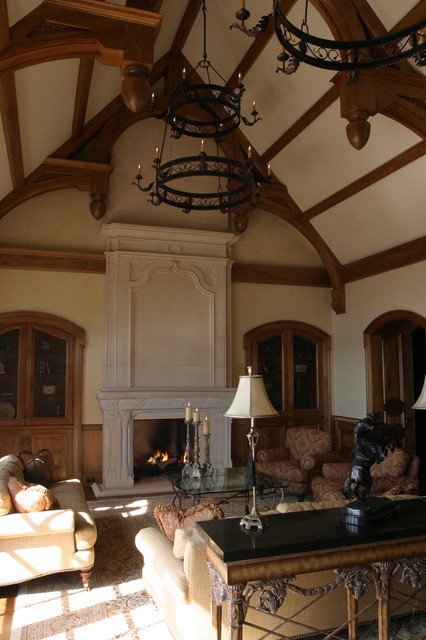 French Gothic Mantel with Overmantel Traditional Living Room by Tartaruga Design