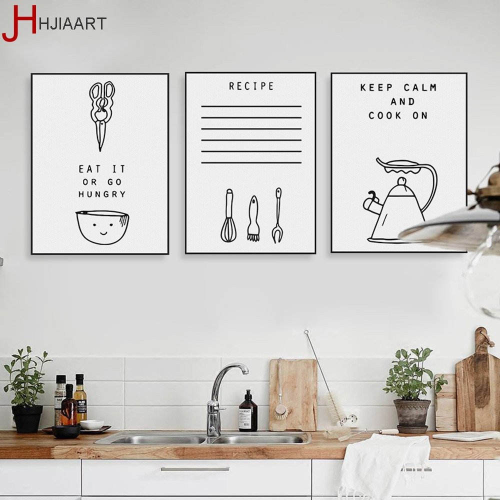 Wall Art Decor for Kitchen Elegant Black White Kawaii Cooking Quotes Poster nordic Kitchen Wall Art Print Home Decor