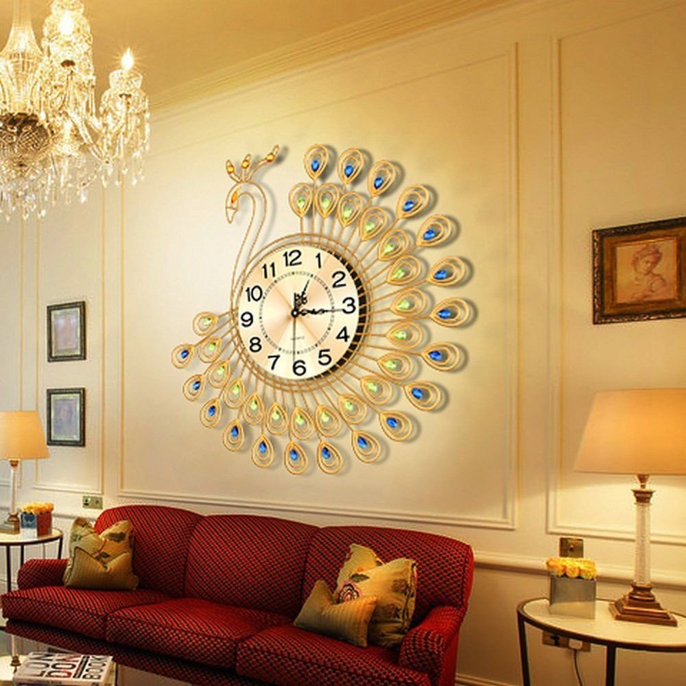 Wall Decor for Large Wall Beautiful Perfect Gold Peacock Wall Clock Metal Living Room Wall Watch Home Decor